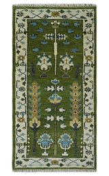 Ready to Ship Hand Knotted Green and Ivory Traditional Wool Area Rug