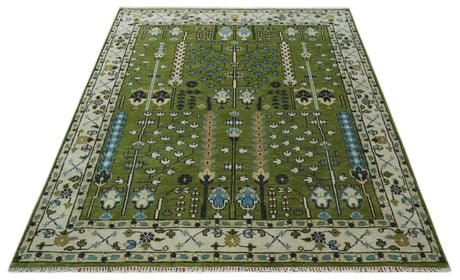 Ready to Ship Hand Knotted Green and Ivory Traditional Wool Area Rug