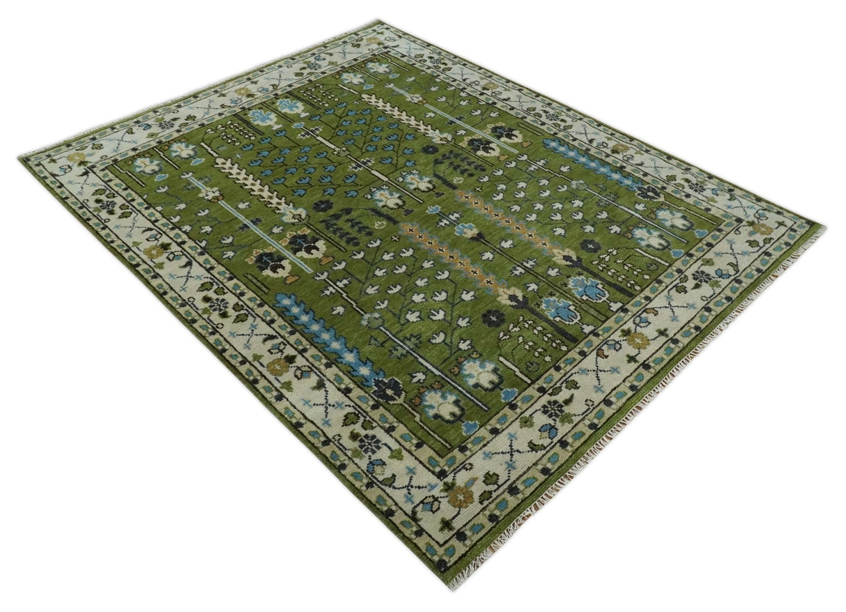 Ready to Ship Hand Knotted Green and Ivory Traditional Wool Area Rug