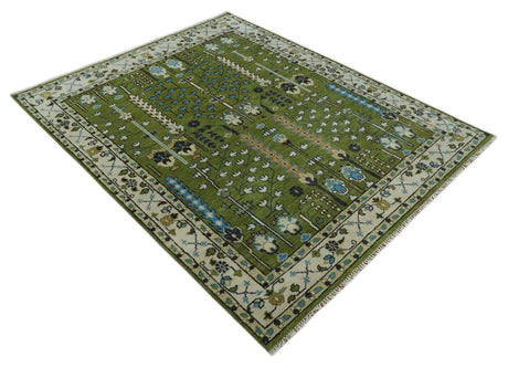 Ready to Ship Hand Knotted Green and Ivory Traditional Wool Area Rug