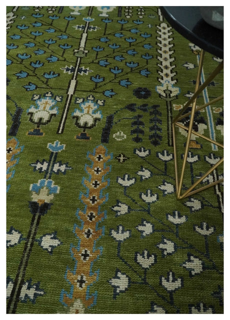 Ready to Ship Hand Knotted Green and Ivory Traditional Wool Area Rug