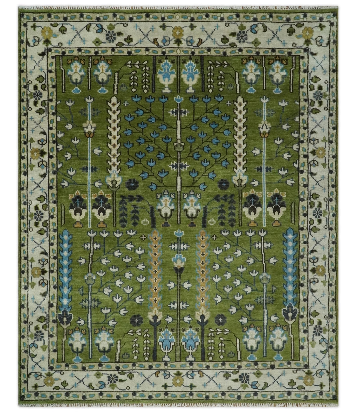 Ready to Ship Hand Knotted Green and Ivory Traditional Wool Area Rug