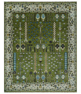 Ready to Ship Hand Knotted Green and Ivory Traditional Wool Area Rug