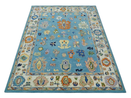 Ready to Ship Hand Tufted Blue and Ivory Modern Colorful Oushak Rug