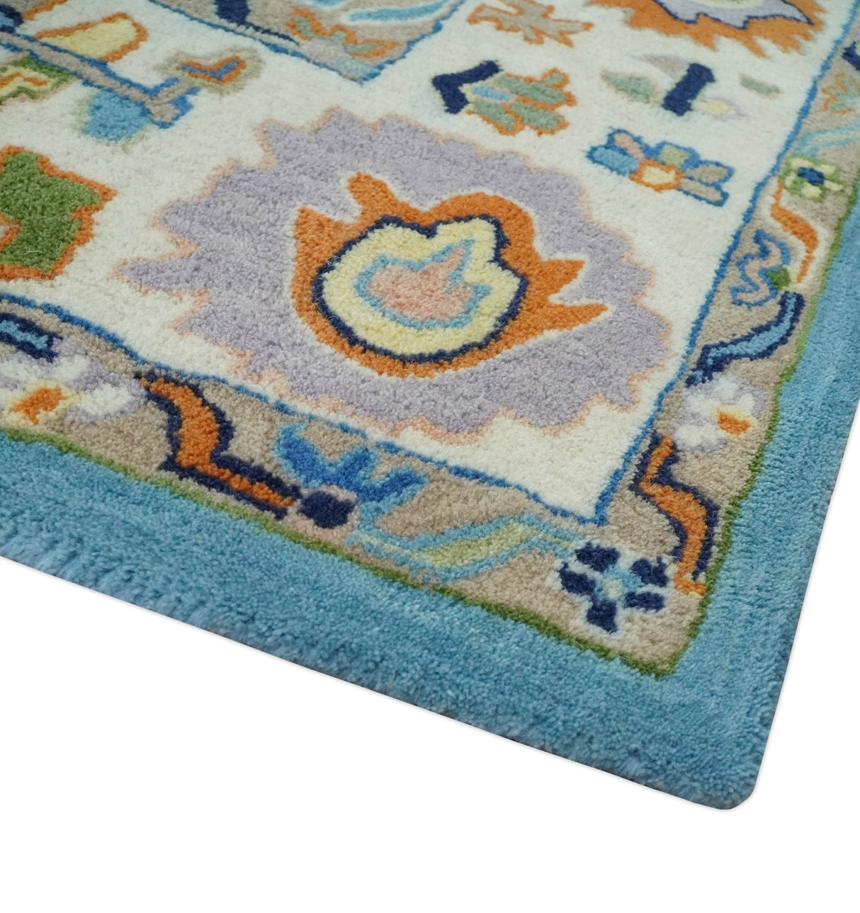 Ready to Ship Hand Tufted Blue and Ivory Modern Colorful Oushak Rug, Kids, Living Room Rug