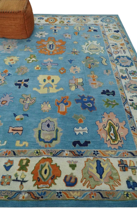 Ready to Ship Hand Tufted Blue and Ivory Modern Colorful Oushak Rug, Kids, Living Room Rug