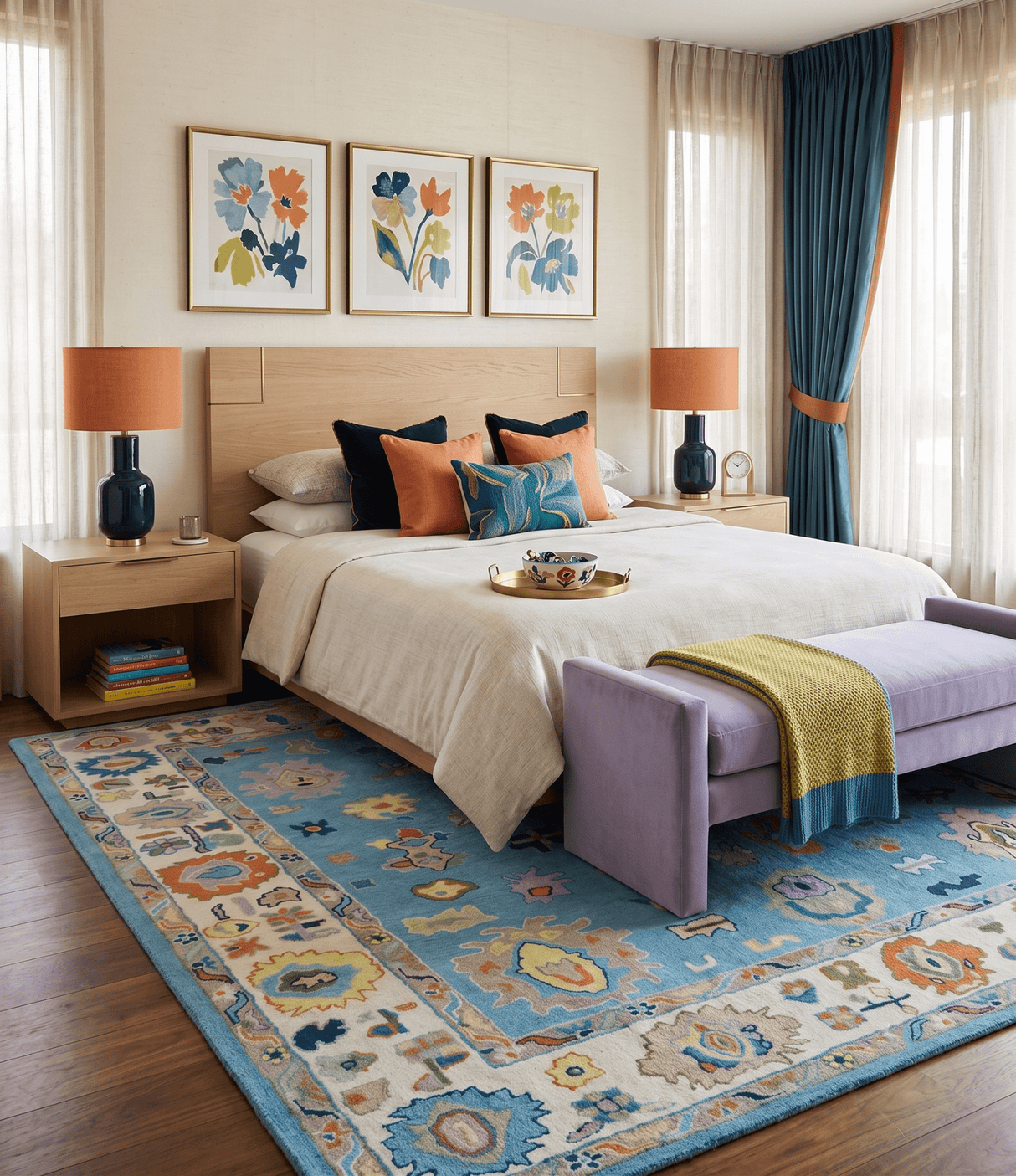 Ready to Ship Hand Tufted Blue and Ivory Modern Colorful Oushak Rug, Kids, Living Room Rug