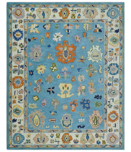 Ready to Ship Hand Tufted Blue and Ivory Modern Colorful Oushak Rug