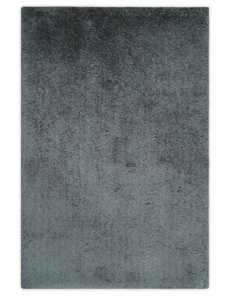 Ready To Ship Hand Woven High Pile Shag Charcoal Soft Viscose Rug