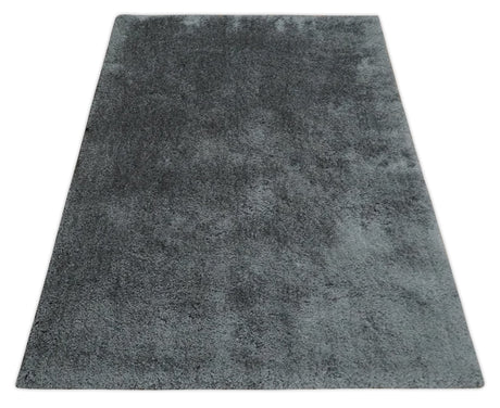 Ready To Ship Hand Woven High Pile Shag Charcoal Soft Viscose Rug