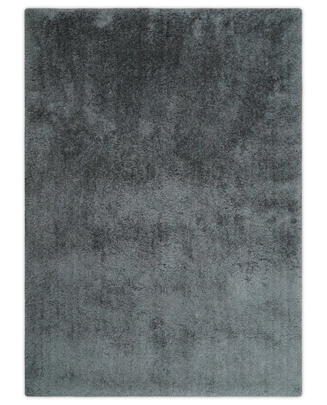 Ready To Ship Hand Woven High Pile Shag Charcoal Soft Viscose Rug