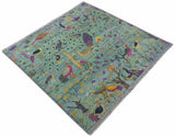 Ready to Ship Jungle Life Peacock Bird 8x8 Square Green Wool Rug