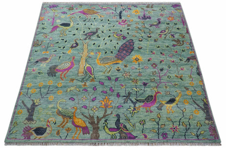 Ready to Ship Jungle Life Peacock Bird 8x8 Square Green Wool Rug