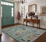 Ready to Ship Jungle Life Peacock Bird 8x8 Square Green Wool Rug