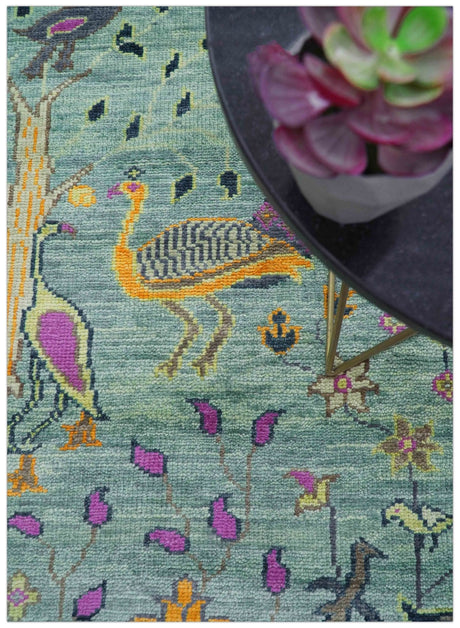 Ready to Ship Jungle Life Peacock Bird 8x8 Square Green Wool Rug