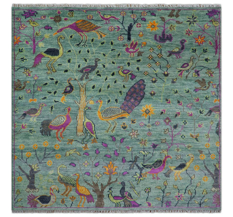 Ready to Ship Jungle Life Peacock Bird 8x8 Square Green Wool Rug