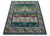 Ready to Ship Peach And Teal Traditional Hand Knotted 8x10 Wool Rug