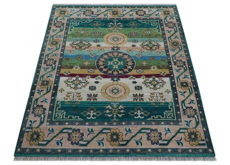 Ready to Ship Peach And Teal Traditional Hand Knotted 8x10 Wool Rug