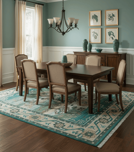 Ready to Ship Peach And Teal Traditional Hand Knotted 8x10 Wool Rug