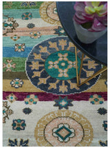 Ready to Ship Peach And Teal Traditional Hand Knotted 8x10 Wool Rug
