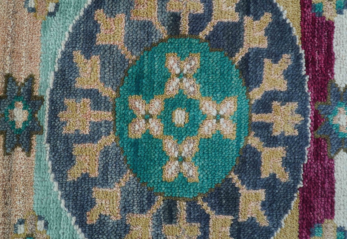 Ready to Ship Peach And Teal Traditional Hand Knotted 8x10 Wool Rug