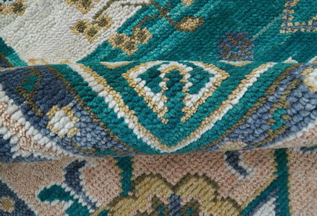 Ready to Ship Peach And Teal Traditional Hand Knotted 8x10 Wool Rug