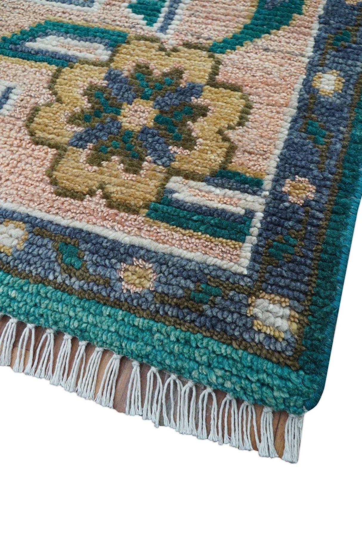 Ready to Ship Peach And Teal Traditional Hand Knotted 8x10 Wool Rug