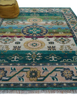 Ready to Ship Peach And Teal Traditional Hand Knotted 8x10 Wool Rug