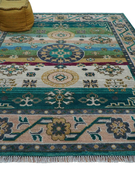 Ready to Ship Peach And Teal Traditional Hand Knotted 8x10 Wool Rug