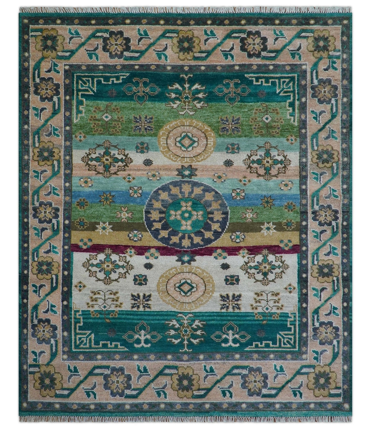 Ready to Ship Peach And Teal Traditional Hand Knotted 8x10 Wool Rug