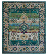 Ready to Ship Peach And Teal Traditional Hand Knotted 8x10 Wool Rug