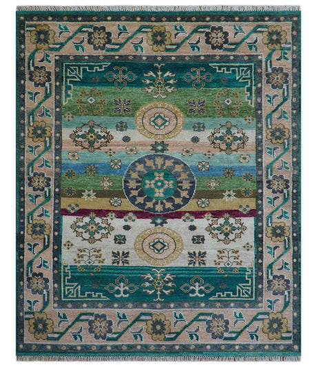 Ready to Ship Peach And Teal Traditional Hand Knotted 8x10 Wool Rug