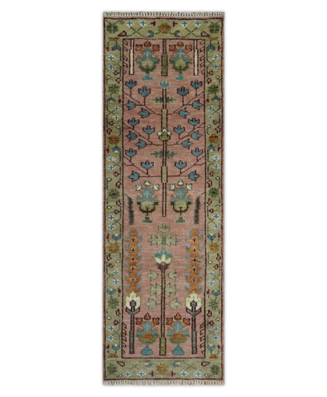 Ready to Ship Pink, Olive and Beige Tree of life Vintage Traditional Wool Rug