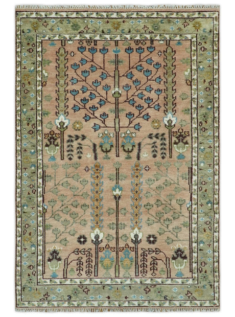 Ready to Ship Pink, Olive and Beige Tree of life Vintage Traditional Wool Rug