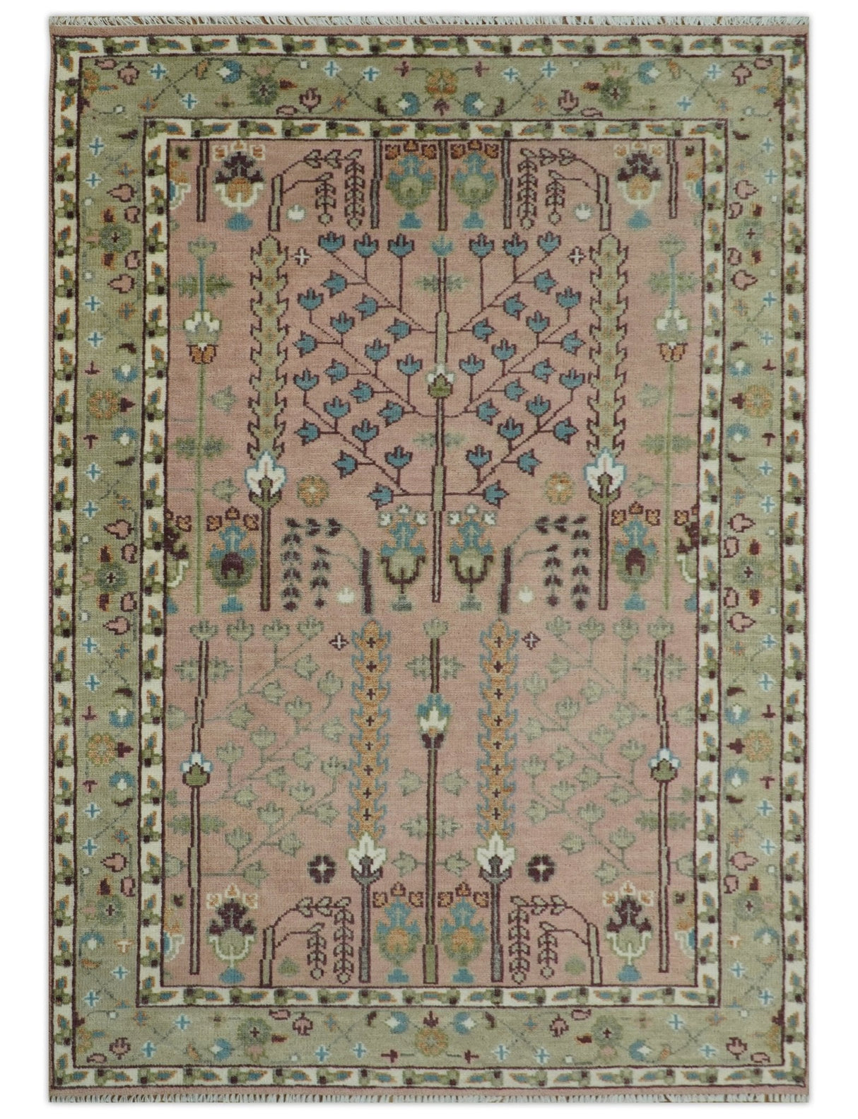 Ready to Ship Pink, Olive and Beige Tree of life Vintage Traditional Wool Rug