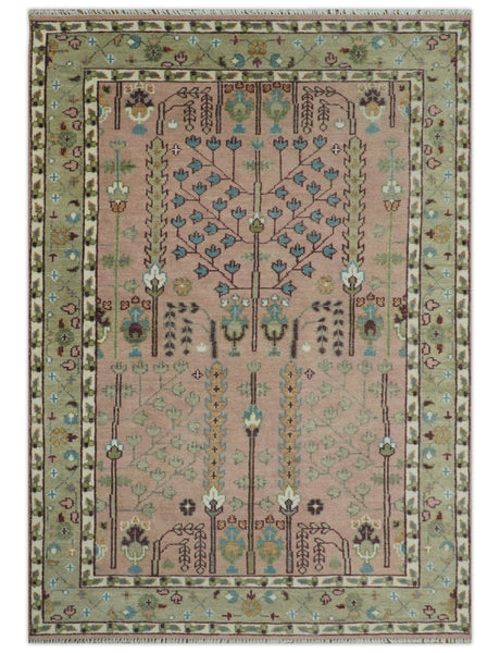 Ready to Ship Pink, Olive and Beige Tree of life Vintage Traditional Wool Rug