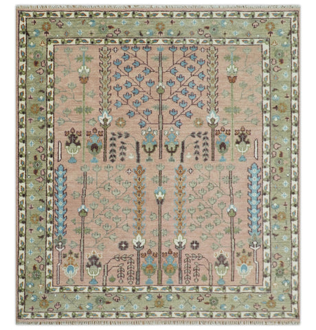 Ready to Ship Pink, Olive and Beige Tree of life Vintage Traditional Wool Rug