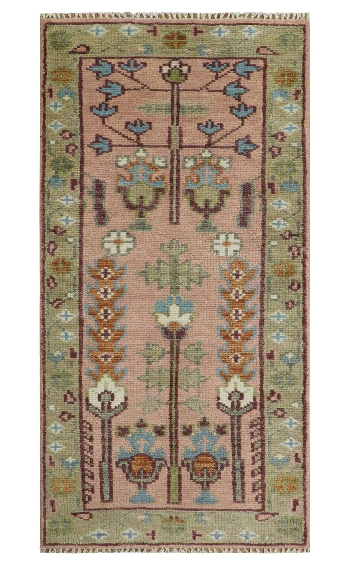 Ready to Ship Pink, Olive and Beige Tree of life Vintage Traditional Wool Rug