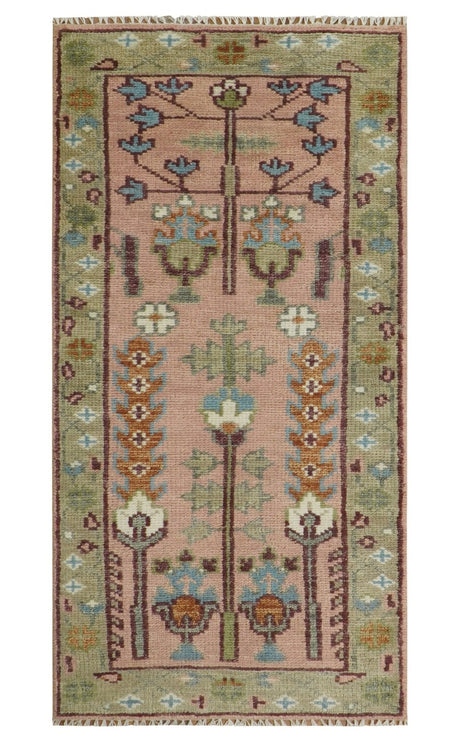 Ready to Ship Pink, Olive and Beige Tree of life Vintage Traditional Wool Rug