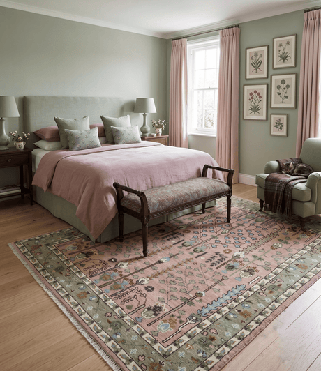 Ready to Ship Pink, Olive and Beige Tree of life Vintage Traditional Wool Rug