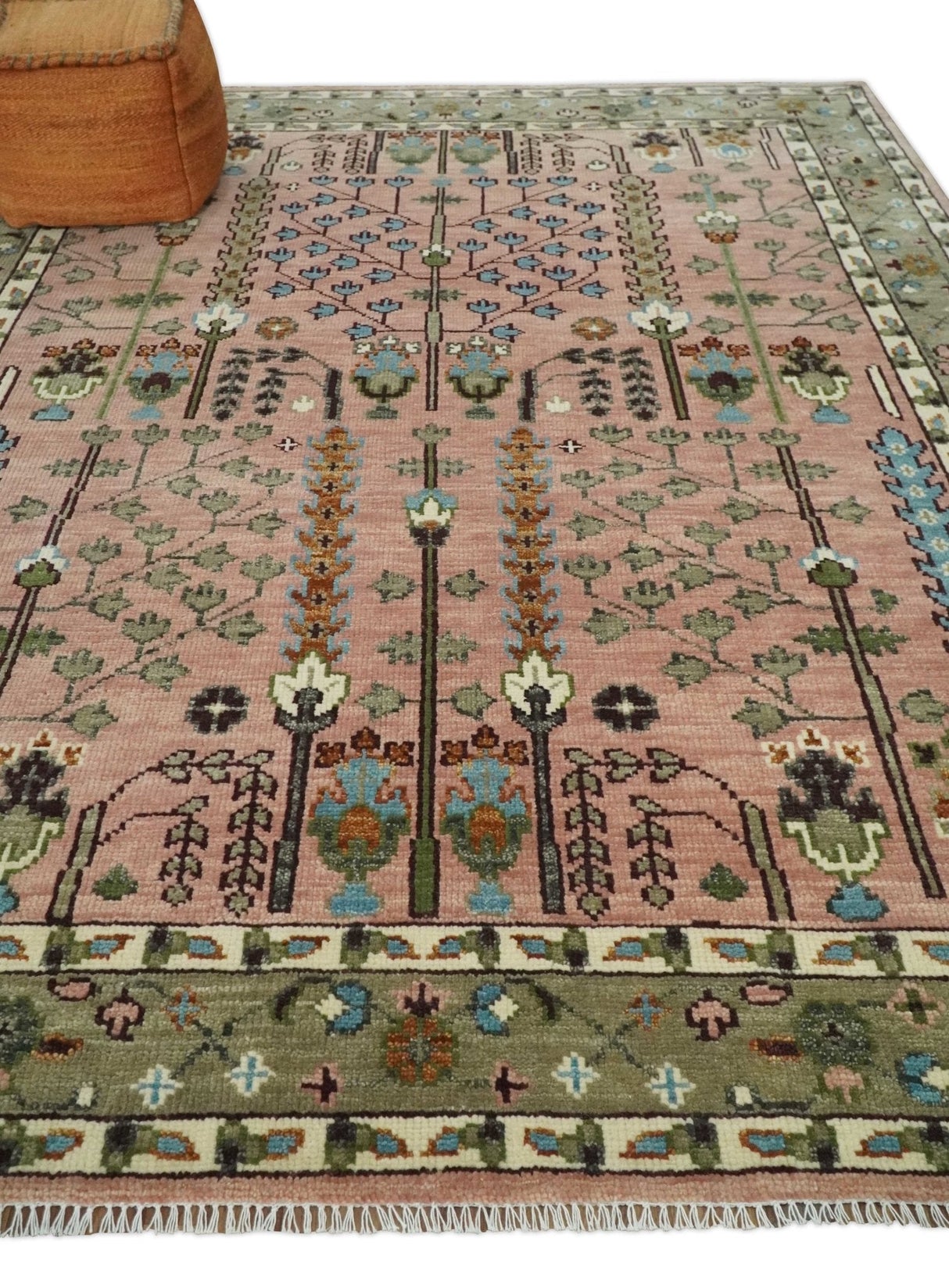 Ready to Ship Pink, Olive and Beige Tree of life Vintage Traditional Wool Rug