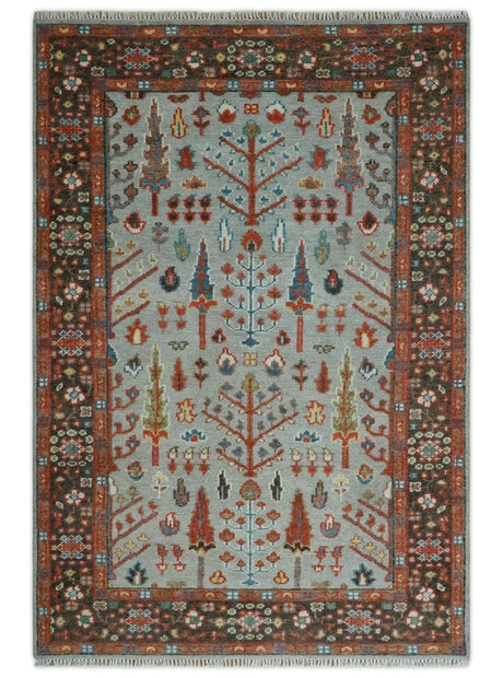 Ready to Ship Tree of Life Hand Knotted Silver, Brown and Rust Traditional Oushak Wool Rug