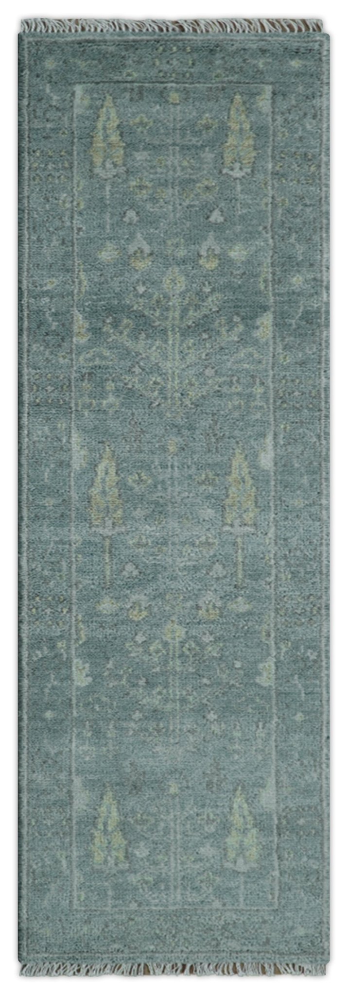 Ready to Ship Tree of life Teal And Beige 2.6x8 Wool Rug
