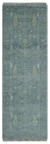 Ready to Ship Tree of life Teal And Beige 2.6x8 Wool Rug
