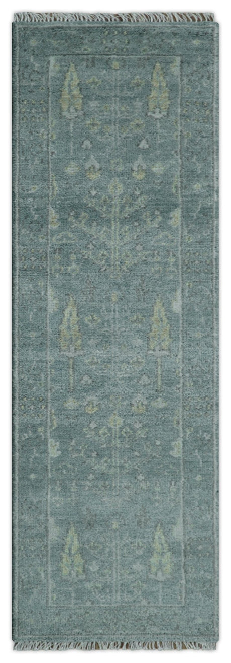 Ready to Ship Tree of life Teal And Beige 2.6x8 Wool Rug