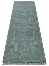 Ready to Ship Tree of life Teal And Beige 2.6x8 Wool Rug