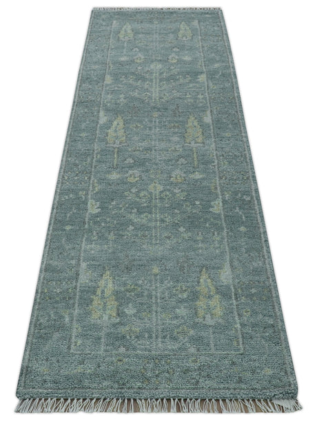Ready to Ship Tree of life Teal And Beige 2.6x8 Wool Rug