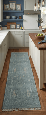 Ready to Ship Tree of life Teal And Beige 2.6x8 Wool Rug