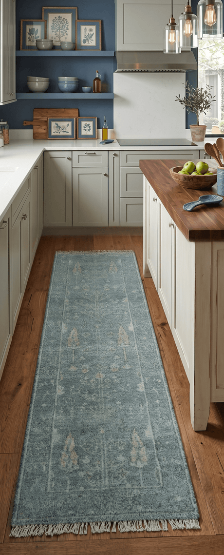 Ready to Ship Tree of life Teal And Beige 2.6x8 Wool Rug