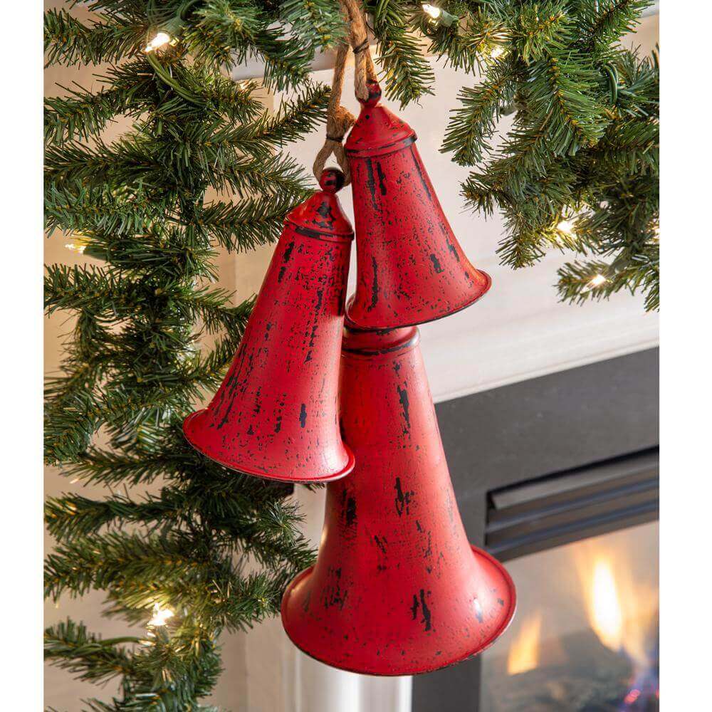 Red Antique Metal Christmas Tree Bells (Set of 3)-christmas decor-Parc Decor